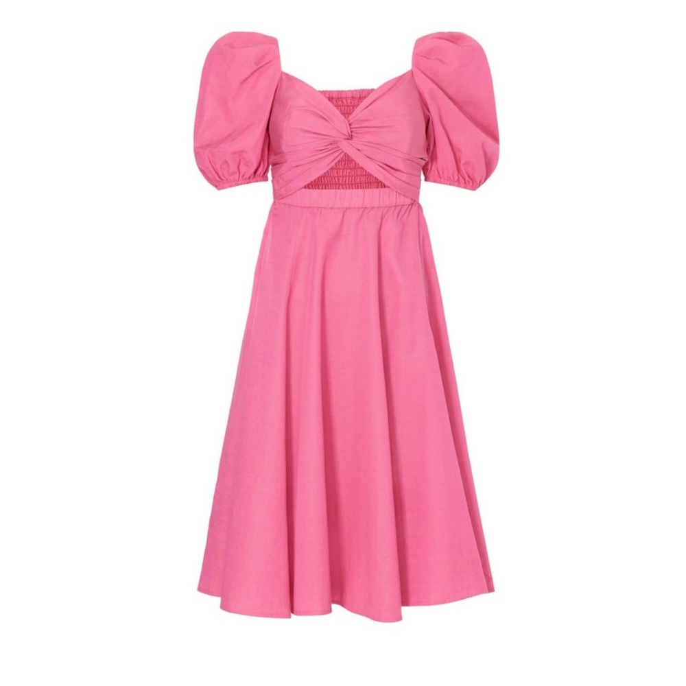 Kate Spade Pink Twist Bodice Puff Sleeve Midi Dress